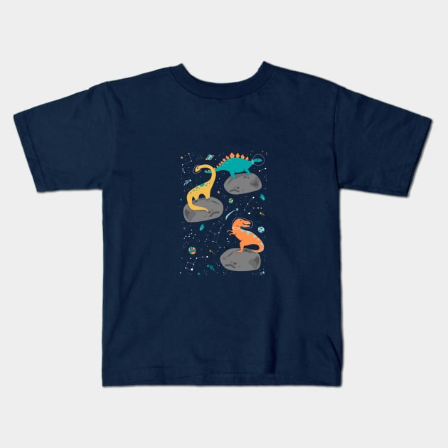 Dinosaurs Floating on an Asteroid Kids T-Shirt by latheandquill